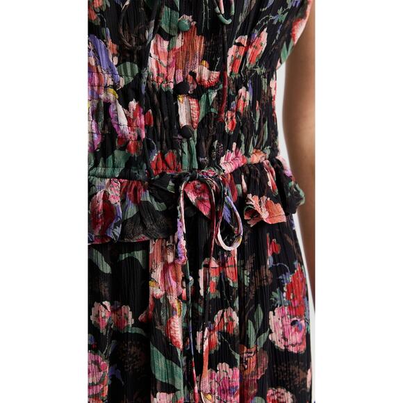 PAIGE NWOT Paradise Floral Silk Chiffon Flutter Sleeve Smocked Tiered Midi Dress - Picture 5 of 12